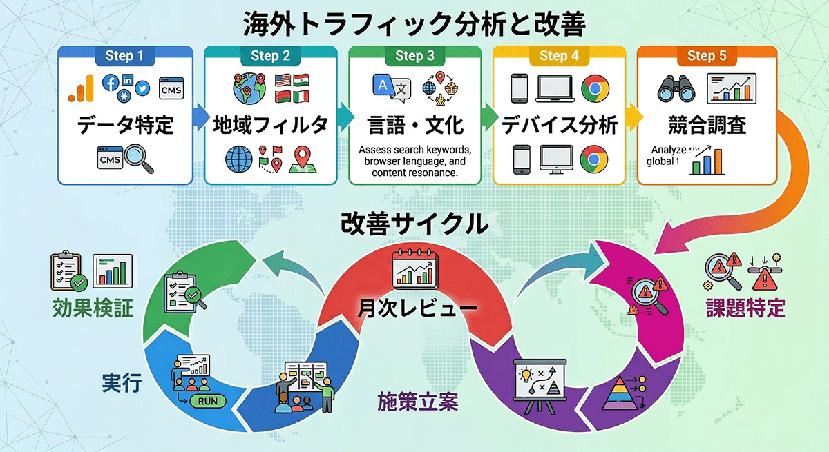 改善サイクルは「月次レビュー→課題特定→施策立案→実行→効果検証」の繰り返し